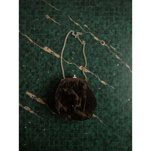 VINTAGE 1960'S Brown Velvet Kisslock Gold Chain Cocktail Bag - Picture 3 of 7